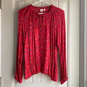 Women’s S GAP long sleeve bright red tie neck floral peasant blouse